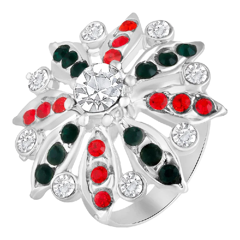 Women’s two-tone ring-Mahi Floral Look Adjustable Finger Ring with Red, Green Artificial Pearl & Crystal for Women (FR1103192RGreRed)