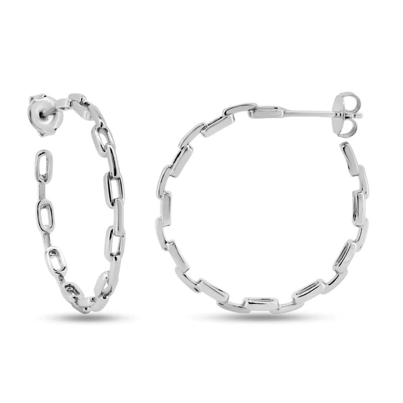 Women’s moon earrings-Silver 925 Rhodium Plated Link Design Semi Hoop Earrings