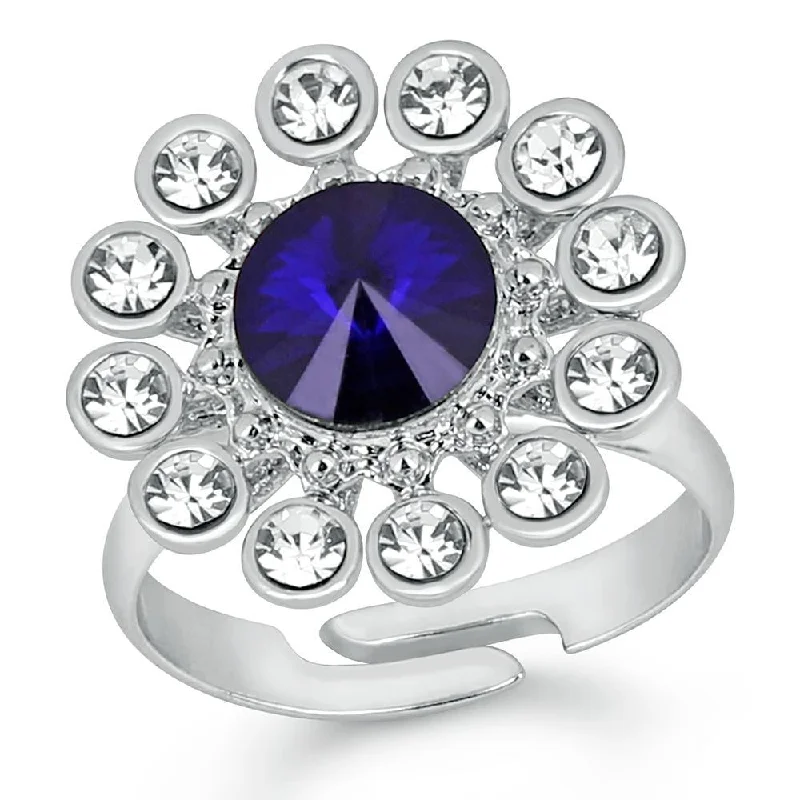 Women’s adjustable ring-Mahi Rhodium Plated Floral Inspired Crystal Studded Finger Ring