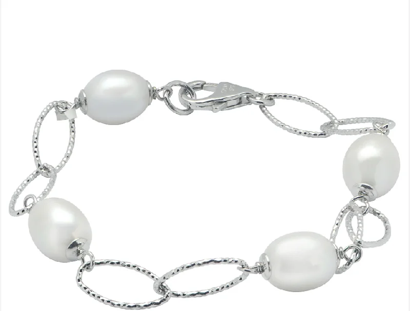 Women’s gold-plated bracelet-Sterling Silver 8.5-9mm Oval Freshwater Pearl Station Bracelet