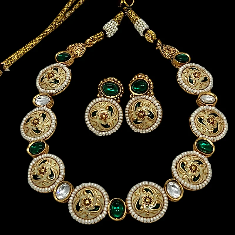 Women’s chunky gold necklace-Nakoda Jewels Brass Copper Gold Plated Pota Stone Necklace Set