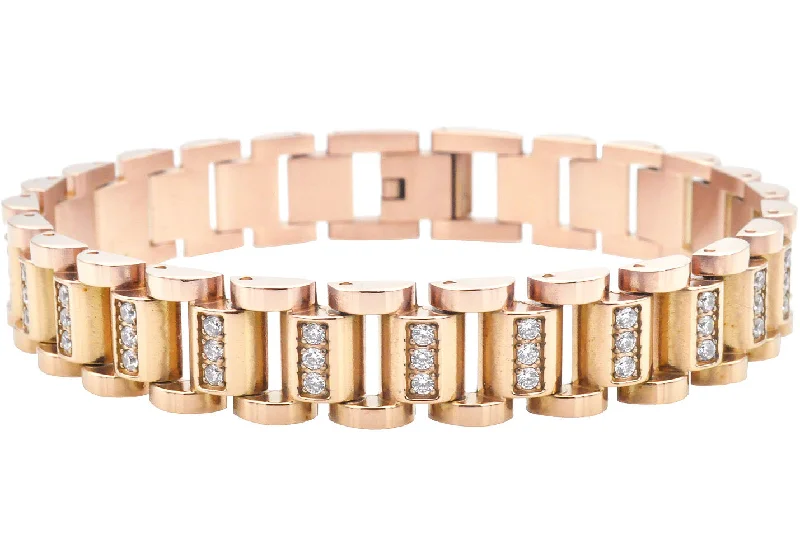 Women’s luxury bangle-Mens Rose Gold Stainless Steel Watch Link Bracelet With Cubic Zirconia