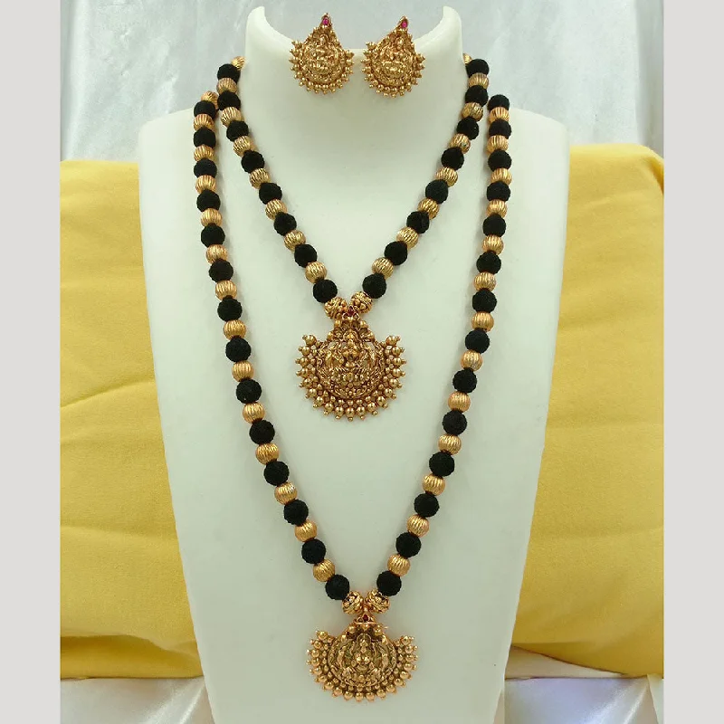 Women’s statement necklace-Joyful Jewel Art Matte Gold Plated Kundan Stone And Temple Double Necklace Set