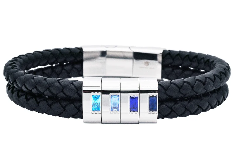 Women’s thick bangle-Men's Double Strand Black Leather Stainless Steel Bracelet With Blue Cubic Zirconia