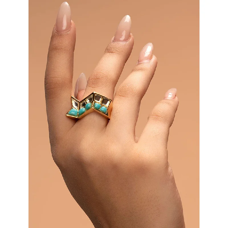 Women’s pink sapphire ring-Isharya Glow Turquoise Zigzag Ring In 18Kt Gold Plated