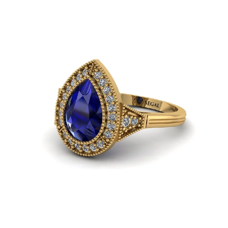 Women’s diamond wedding ring-Pear Cut Sapphire Milgrain Halo Engagement Ring - Daleyza No. 13