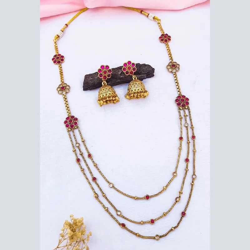 Women’s gold chain necklace-Sangita Creation  Copper Gold  Pota Stone Multi Layer Long  Necklace Set