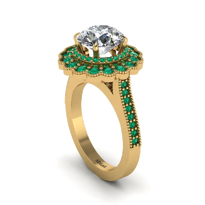 Women’s vintage engagement ring-Emerald Double Halo Cathedral Engagement Ring - Deirdre No. 16