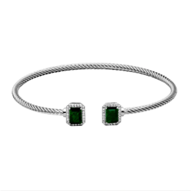 Women’s double-layer bracelet-Sterling Silver Emerald Cut Dyed Green Corundum & White Topaz Cuff Bracelet by Samuel B.