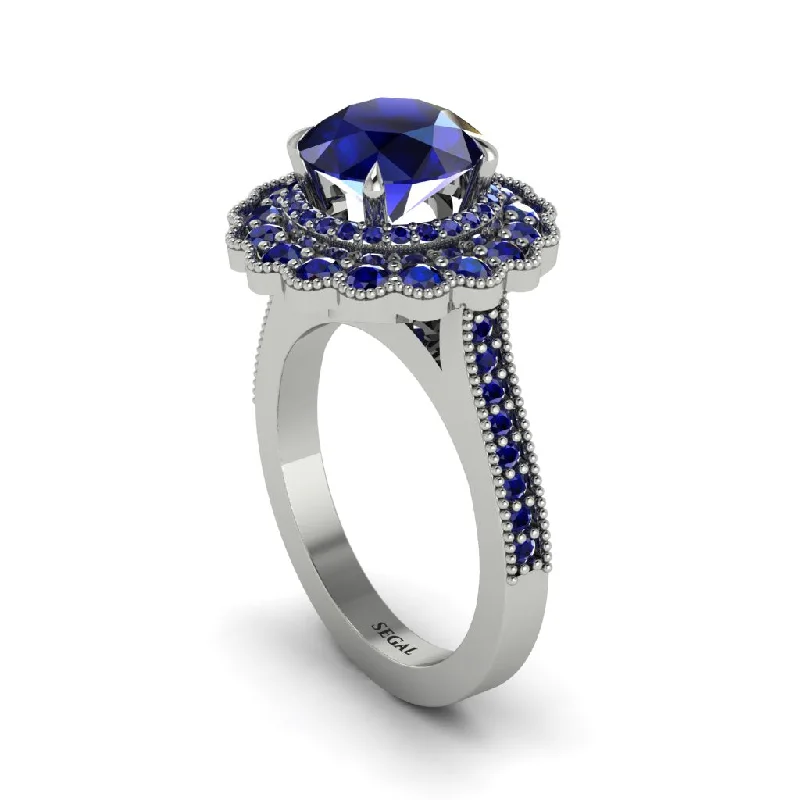 Women’s engraved engagement ring-Sapphire Double Halo Cathedral Engagement Ring - Deirdre No. 75