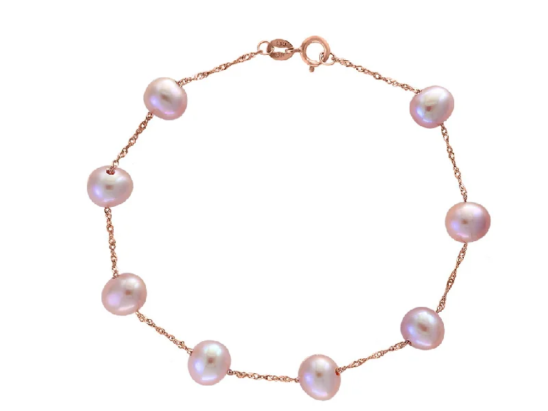 Women’s custom charm bracelet-14K Rose Gold 6-6.5mm Natural Pink Freshwater Pearl Station Bracelet