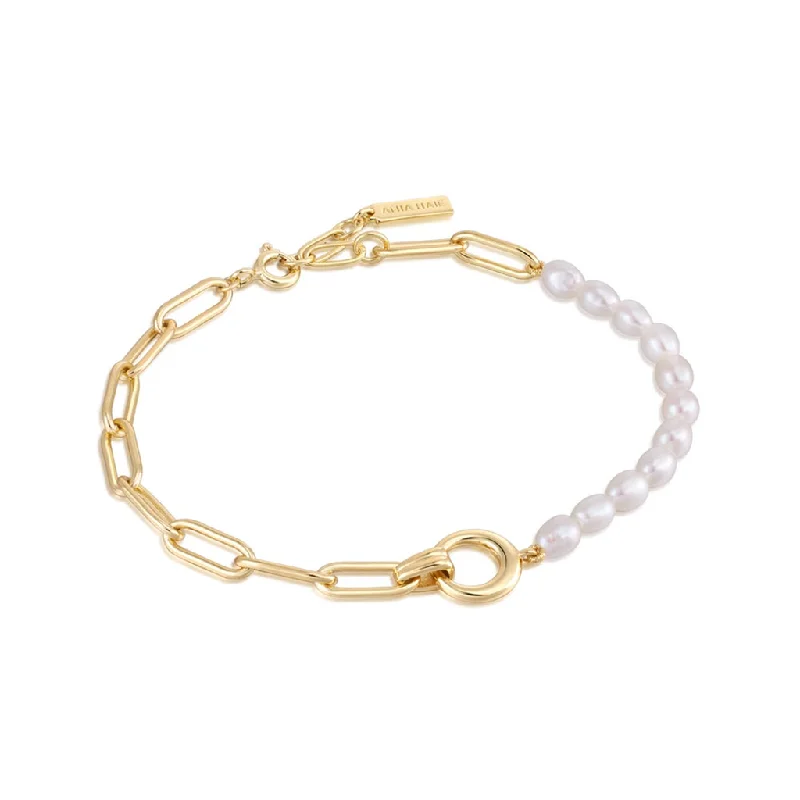 Women’s engraved bracelet-14K Yellow Gold Plated Paperclip Chain & Pearl Strand Bracelet by Ania Haie