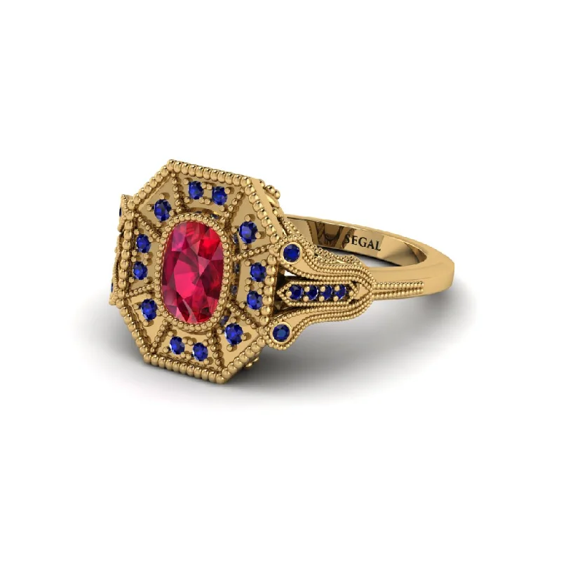 Women’s gemstone wedding ring-Ruby Cushion Cut Art Deco Engagement Ring - Alicia No. 70