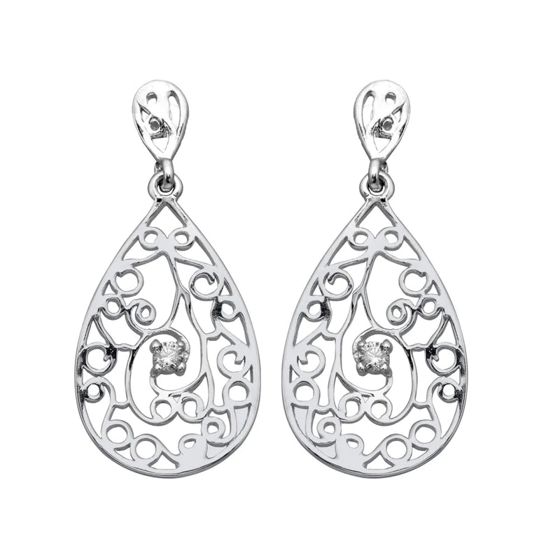 Women’s ear cuffs-Silver 925 Rhodium Plated Teardrop Filigree Dangling Earrings