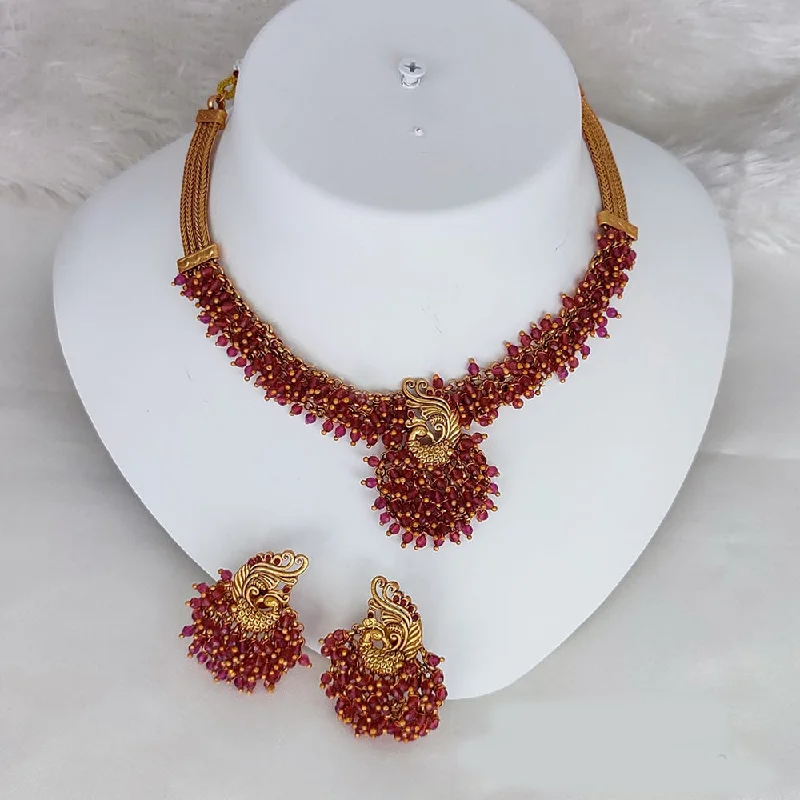 Women’s gold necklace-Lucentarts Jewellery Gold Plated Pearls Temple Choker Necklace Set