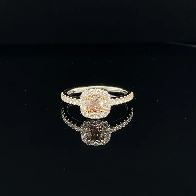 Women’s vintage diamond engagement ring-Cognac & White Diamond Cushion Halo Engagement Ring in 18k White Gold - (#120-JR0A52GH)