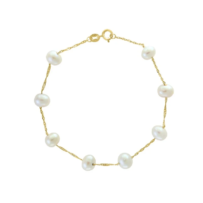 Women’s friendship bracelet-14K Yellow Gold 6-6.5mm Freshwater Pearl Station Bracelet