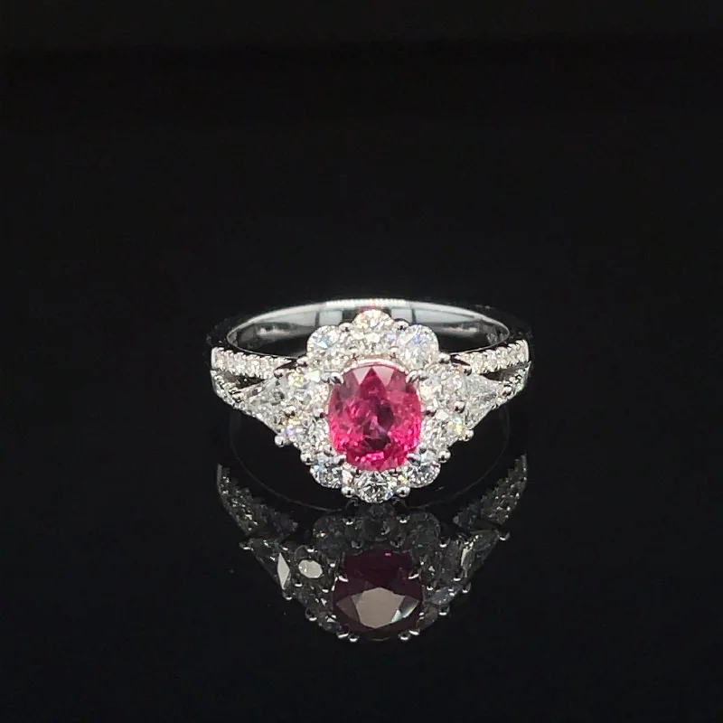 Women’s vintage engagement ring-Oval Ruby & Diamond Halo Cluster Engagement Ring in 18k White Gold - #614 - RGRUB106829