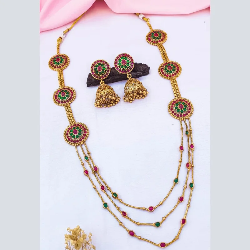 Women’s friendship necklace-Sangita Creation  Copper Gold  Pota Stone Multi Layer Long  Necklace Set