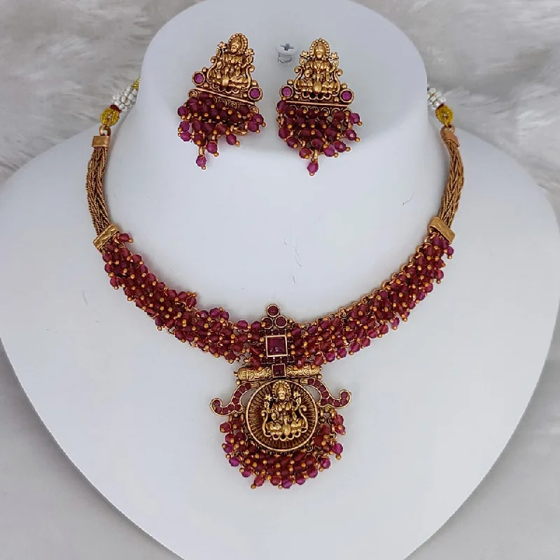 Women’s crystal pendant necklace-Lucentarts Jewellery Gold Plated Pearls Temple Choker Necklace Set