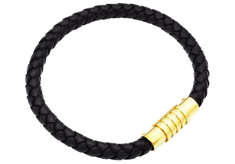 Women’s romantic bracelet-Mens Black Leather And Gold Plated Stainless Steel Bracelet