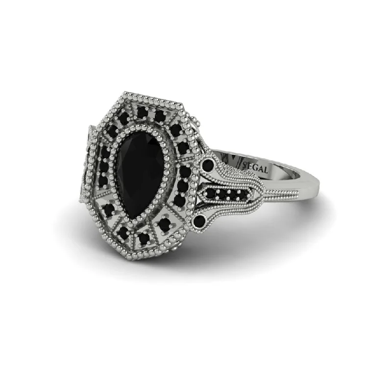 Women’s radiant diamond engagement ring-Black Diamond Pear Cut Art Deco Engagement Ring - Rosalind No. 39