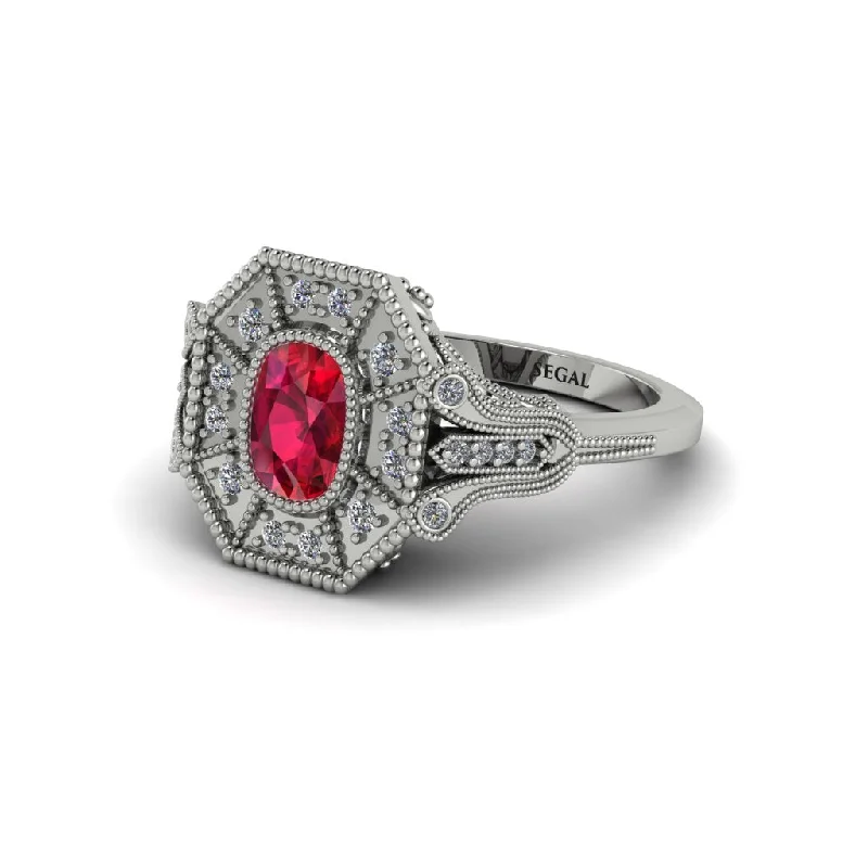 Women’s platinum diamond engagement ring-Ruby Cushion Cut Art Deco Engagement Ring - Alicia No. 12