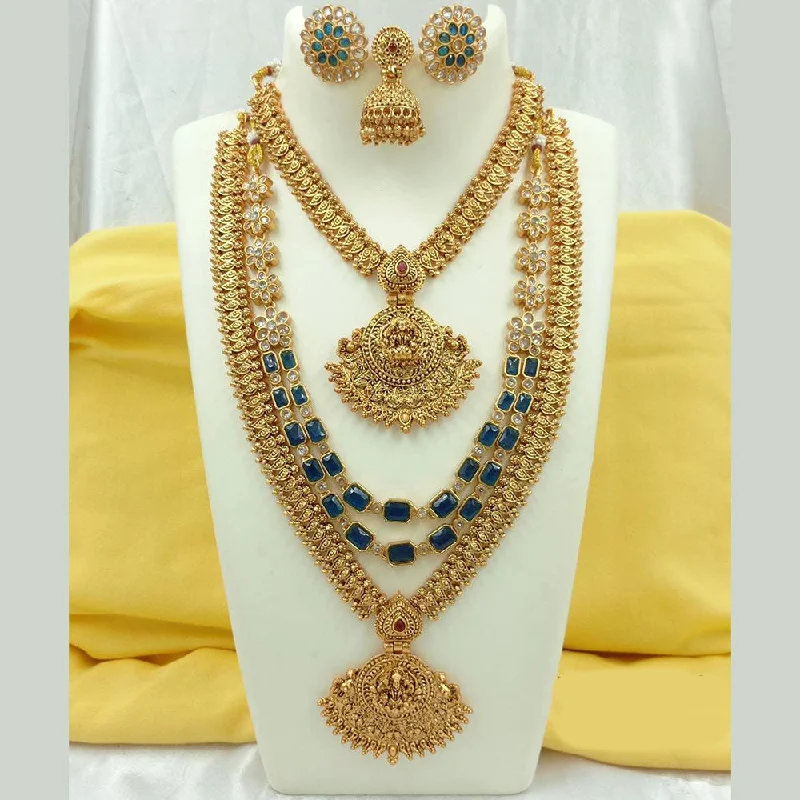 Women’s vintage gold necklace-Fs Collection Gold Plated Crystal Stone Temple Long Necklace Combo Set