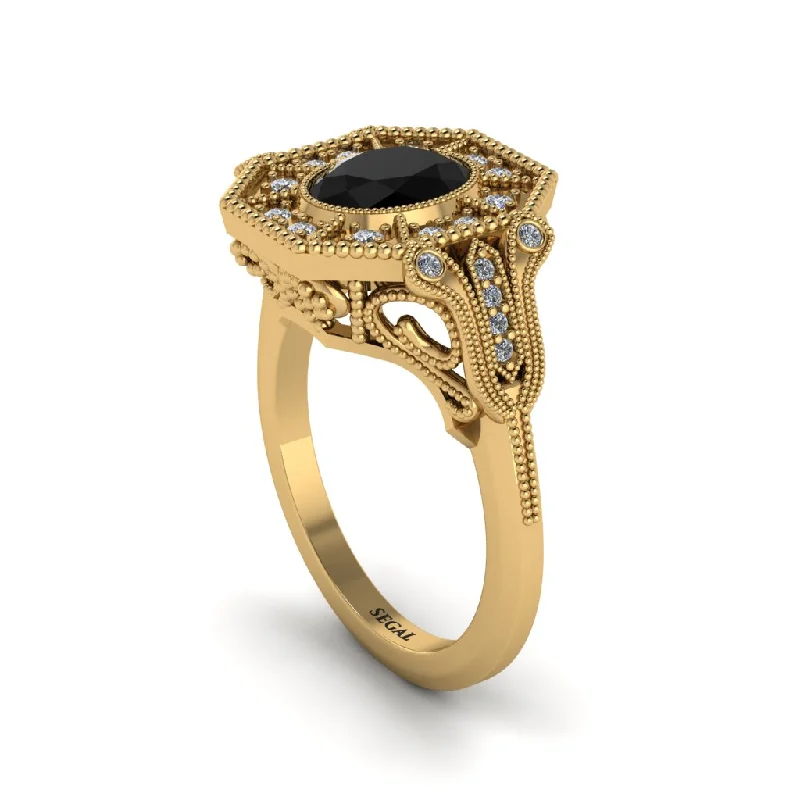 Women’s gold engagement ring-Black Diamond Oval Cut Art Deco Engagement Ring - Tabitha No. 7