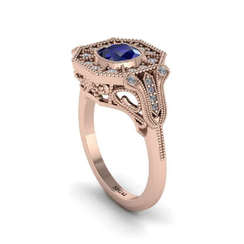 Women’s three-stone diamond ring-Sapphire Cushion Cut Art Deco Engagement Ring - Kristin No. 14