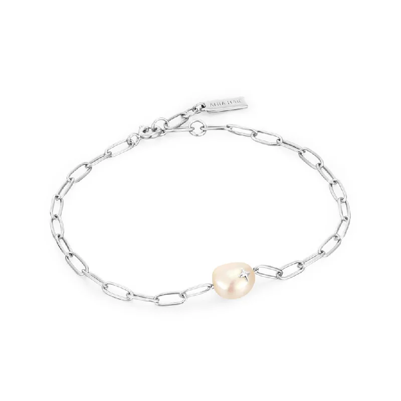 Women’s bangle set-Sterling Silver Paperclip Chain Pearl Sparkle Bracelet by Ania Haie