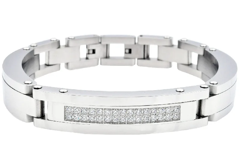 Women’s textured bangle-Mens Stainless Steel Link Bracelet With Cubic Zirconia