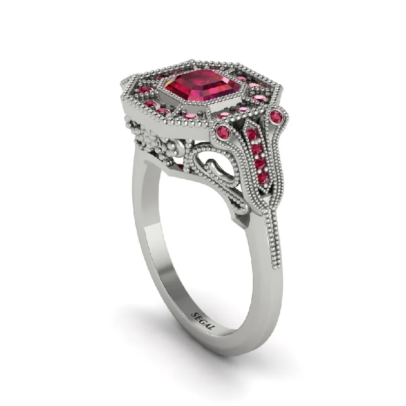 Women’s engraved engagement ring-Ruby Emerald Cut Art Deco Engagement Ring - Dawn No. 57