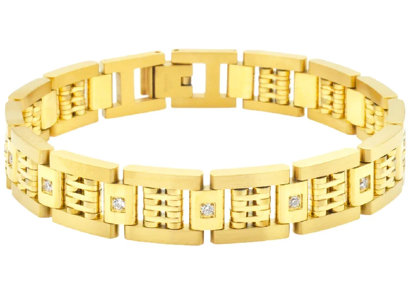 Women’s vintage bracelet-Mens Gold Plated Stainless Steel Bracelet With Cubic Zirconia