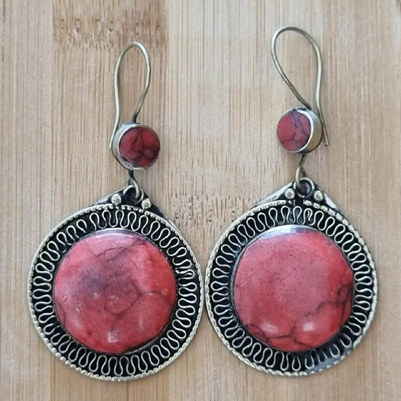 Women’s stud earrings-Handmade Tribal Circle Earrings - Red Stone