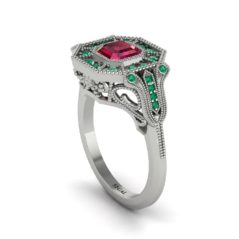 Women’s wedding ring set-Ruby Emerald Cut Art Deco Engagement Ring - Dawn No. 27