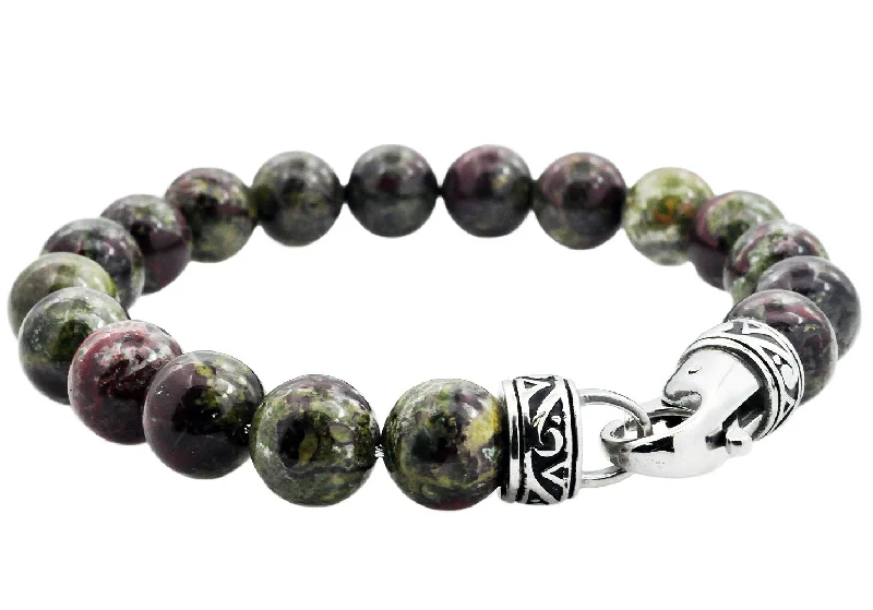 Women’s tennis bracelet-Mens Genuine 10mm Dragon Stone Stainless Steel Beaded Bracelet