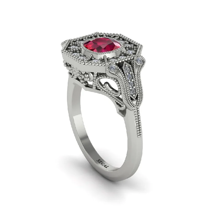 Women’s eternity engagement ring-Ruby Cushion Cut Art Deco Engagement Ring - Kristin No. 12