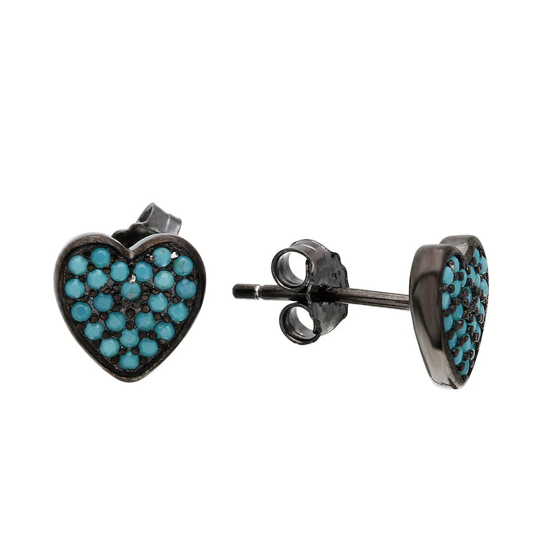 Women’s emerald earrings-Silver 925 Black Rhodium Plated Heart Earrings with Turquoise Stones