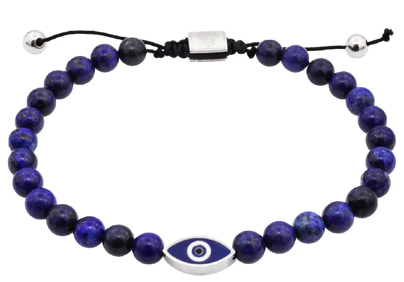 Women’s tennis bracelet-Mens Genuine Lapis Lazuli 6mm Bead Stainless Steel Drawstring Evil Eye Bracelet