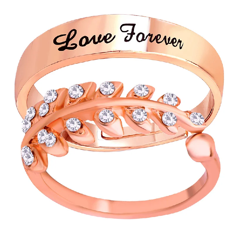 Women’s gemstone ring-Mahi Rose Gold Plated Valentine Gifts Love Forever and Leavs Shaped Adjustable Couple Ring with Crystal (FRCO1103177Z)