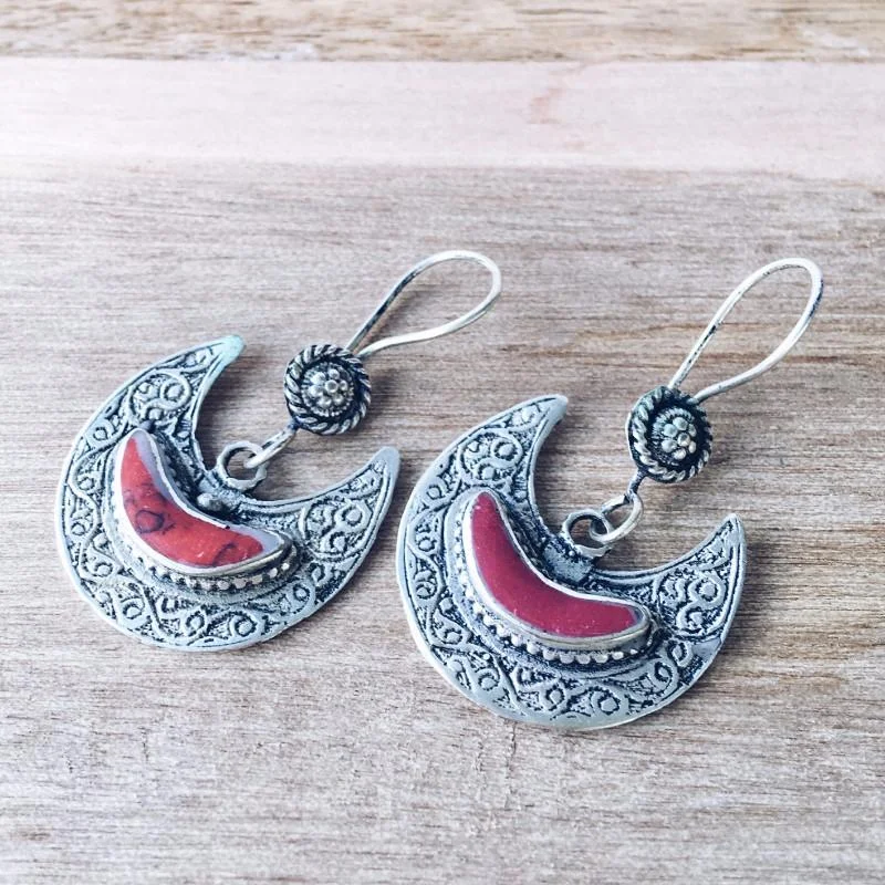 Women’s engraved earrings-Crescent Kuchi Tribal Earrings - Coral