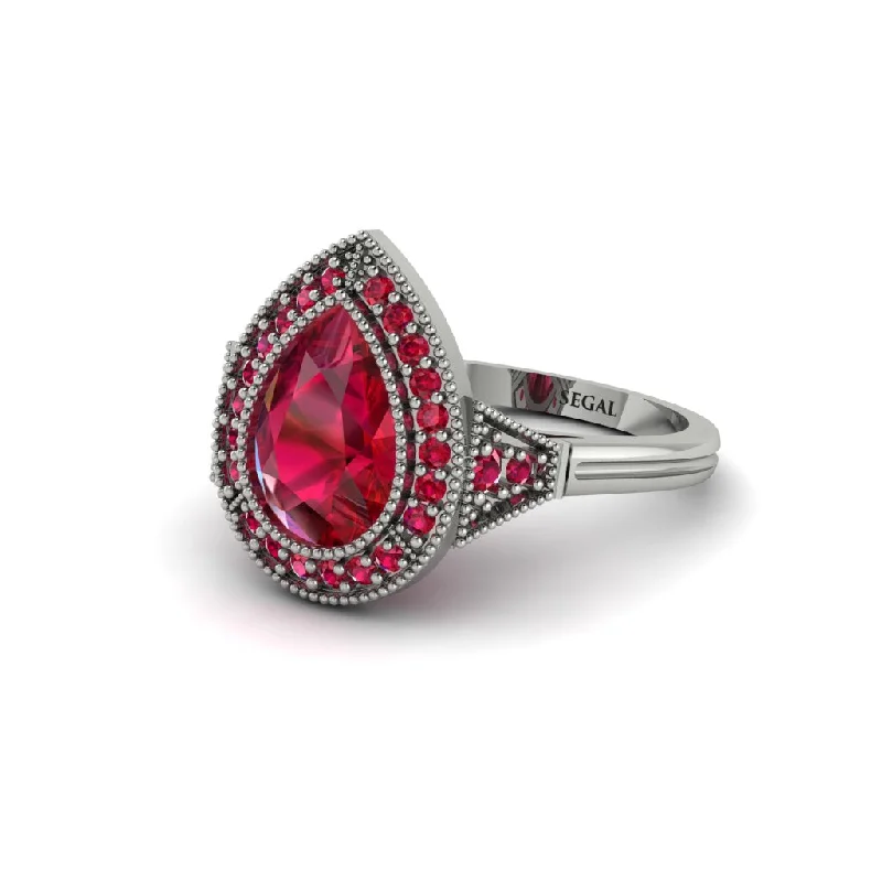 Women’s diamond wedding ring-Pear Cut Ruby Milgrain Halo Engagement Ring - Daleyza No. 57