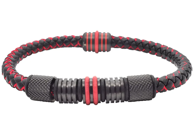 Women’s elegant bracelet-Mens Two-Tone Black and Red Leather Stainless Steel Bracelet