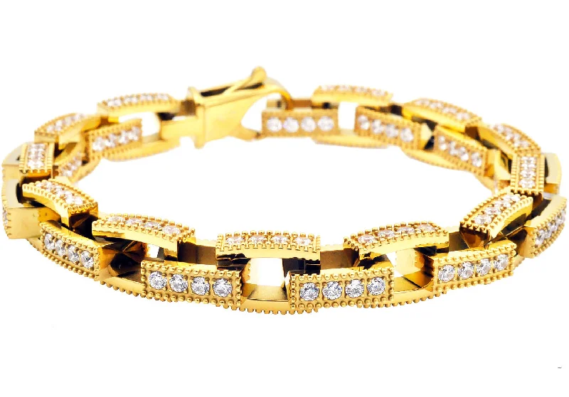 Women’s stylish bangle-Mens Gold Stainless Steel Square Link Chain Bracelet with Cubic Zirconia