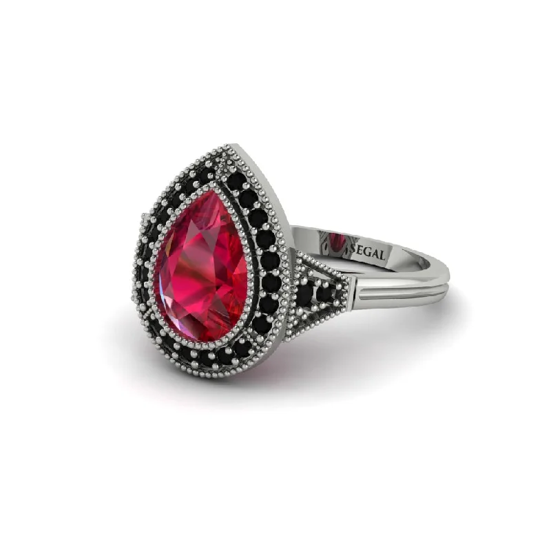 Women’s radiant engagement ring-Pear Cut Ruby Milgrain Halo Engagement Ring - Daleyza No. 42