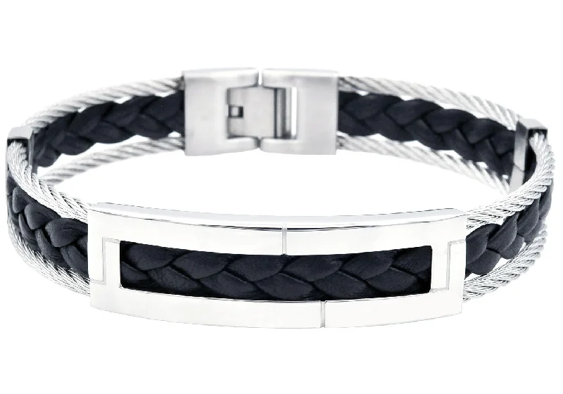 Women’s casual bangles-Mens Stainless Steel Black Leather Cable Bracelet