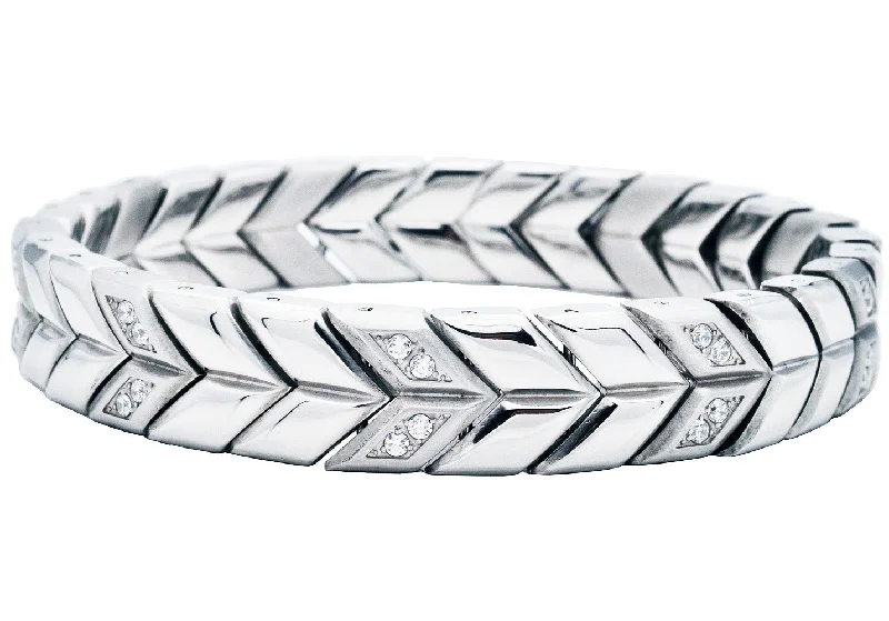 Women’s bridal bracelet-Men's 12mm Chevron Woven Stainless Steel Bracelet With Cubic Zirconia