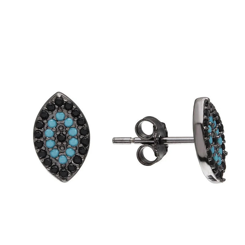 Women’s vintage earrings-Black Rhodium Plated 925 Sterling Silver Evil Eye Earrings with Black CZ and Turquoise Stones