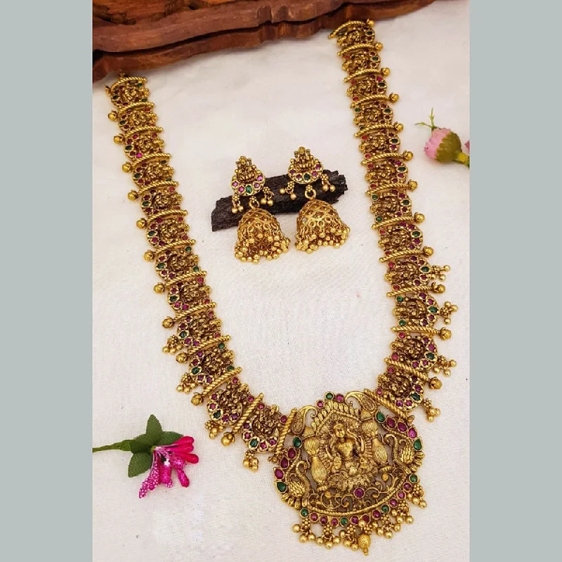 Women’s chunky gold necklace-Sangita Creation  Copper Gold  Pota Stone Temple Long  Necklace Set